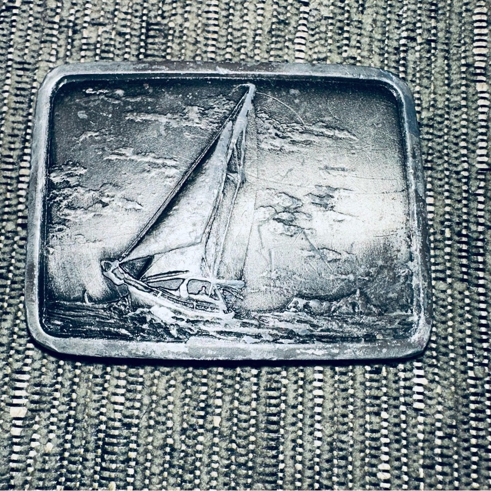 Vintage Nautical Belt Buckle Earth Sea San Francisco Indiana Metal Craft 1978